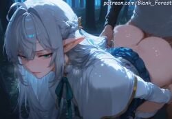1boy ahoge ai_generated artist_name ass bangs bent_over blue_eyes blue_hair blue_neckwear blush bottomless braid breasts capelet closed_mouth doggy_style elf eyebrows_visible_through_hair female green_eyes hair_between_eyes hair_ornament indoors lips long_hair long_sleeves looking_at_viewer neck_ribbon outdoors pointy_ears ribbon sex sex_from_behind shirt sidelocks silver_hair skirt skirt_lift solo_focus straight tagme tbate tessia_eralith the_beginning_after_the_end thighhighs torso_grab video white_hair