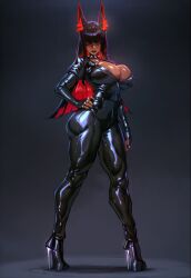 1girl 2026 2d absurd_res absurd_resolution absurdres ai_generated animal_ears black_bodysuit black_hair black_lips black_nails blunt_bangs bodysuit breasts choker cleavage colored_inner_hair dark-skinned_female dark_skin full_body hand_on_own_hip hi_res high_heel_boots high_heels high_quality high_resolution highres huge_breasts image jackal_ears ka'abal large_breasts latex latex_bodysuit leather long_hair looking_at_viewer maddogai makeup multicolored_hair original original_character platform_footwear platform_heels red_eyes red_hair shiny_clothes shiny_skin skin_tight solo standing sweat sweatdrop sweating sweaty sweaty_body thick_thighs thighs two-tone_hair uncensured wet wet_body zipper