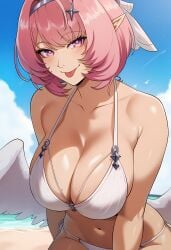 1girls bikini large_breasts looking_at_viewer pink_hair remielle_dan short_hair tongue_out upper_body wings zenless_zone_zero