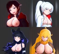 4girls black_hair black_hair_female blake_belladonna blue_eyes bow breasts different_breast_sizes half-dressed half_naked half_naked_female luminaryofages purple_eyes ruby_rose rwby silver_eyes team_rwby weiss_schnee white_hair white_hair_female yang_xiao_long yellow_eyes