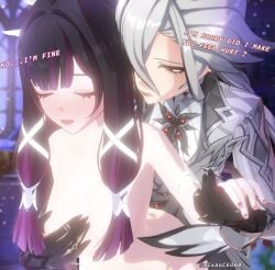 2girls 3d 3d_(artwork) arlecchino_(genshin_impact) backshots bangs columbina_(genshin_impact) dirty_talk eyes_closed female/female grabbing_from_behind hair_over_one_eye hand_on_breast lesbian lesbian_sex long_hair penetration_from_behind purple_hair white_and_black_hair yuri