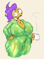 algob4v ass bav big_ass big_breasts breasts coffee freckles_on_breasts green_robe lua_(algob4v) massive_ass massive_breasts mug purple_hair robe thick_ass thick_legs thick_thighs yellow_body yellow_skin