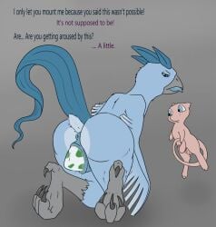 anthro anus articuno balls claws duo egg english_text feet female feral generation_1_pokemon genitals hi_res legendary_pokemon male mew_(pokemon) nintendo oviposition penis pokemon pokemon_(species) text tiny_terrible vulva