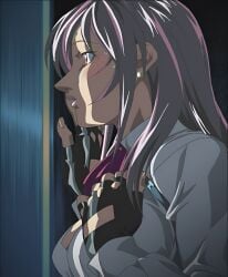 1girls bible_black bible_black_new_testament breast_grab breasts breasts_out_of_clothes clothed_female clothed_sex clothing door doorway embarrassed exposed_breasts female female_focus fingerless_gloves fondling fondling_breast gloves grabbing_own_breast hand_on_chest hand_on_own_chest high_resolution ichikawa_aki indoors legwear long_hair necktie offscreen_sex open_shirt peeping peeping_tom purple_hair red_eyes self_fondle sexually_suggestive shin_bible_black shirt shy sidelocks very_long_hair vest voyeur voyeurism watching watching_from_afar watching_sex young_adult young_adult_female