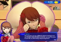 1girl 1girls angry angry_expression angry_face annoyed annoyed_expression armband armwear ass ass_focus ass_size_talk ass_up big_ass big_breasts bottom_heavy bottomless breasts brown_hair bubble_ass bubble_butt butt cockrochi dialog dialogue fat_ass female female_only game_ui huge_ass kumaccino light-skinned_female light_skin looking_at_viewer looking_back massive_ass no_panties no_underwear paag persona persona_3 pervert_(phrase) size_talk solo solo_female solo_focus sweater text text_box thick_ass thick_thighs thunder_thighs wide_hips yukari_takeba