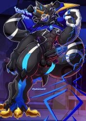 abs absurd_res anthro balls bandai_namco belt belt_buckle black_body black_scales black_sclera buckle cape claws clothing digimon digimon_(species) dumblizard97 erection genitals gulusgammamon hi_res horn leafblade97 male muscular muscular_anthro muscular_male penis scales scalie sharp_teeth solo teeth