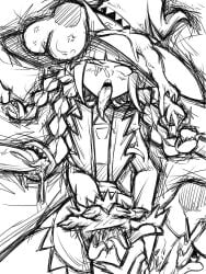 1girl 6boys americo_santisteban apron blush braid braids character_request cum disembodied_penis extra_mouth funamusea gangbang greyscale hair_mouth hand_mouth monochrome open_mouth penis pointy_ears quad_braids sharp_teeth sketch testicles tongue tongue_out veiny_testicles white_apron witch witch_hat