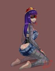 aarushiiroosh ass ass_focus doll_(murder_drones) eye_patch female female_focus female_only glitch_productions helmet lip_biting looking_at_viewer murder_drones purple_hair red_eyes virgin_killer_sweater