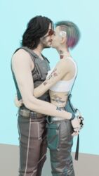 1boy 1girls 3d blender cd_projekt_red cyberpunk_2077 johnny_silverhand judy_alvarez kissing low_effort tongue_kiss