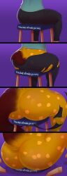 ambiguous_gender anthro big_butt body_expansion bottomwear butt butt_expansion canid canine chair clothing comic cursed_object digital_drawing_(artwork) digital_media_(artwork) english_text expansion fur furniture growth hi_res mammal nude sitting sjevi solo species_transformation text thick_thighs torn_bottomwear torn_clothing transformation transformation_sequence wide_hips
