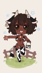 1girl animal_ears animal_print bell bikini black_choker bottle breasts brown_hair chibi chibi_only chibi_style choker cleavage commentary cow_ears cow_horns cow_print cow_print_bikini cow_print_thighhighs cow_tail dark-skinned_female dark_skin degrees_of_lewdity ear_tag english_commentary erotic_chibi fake_animal_ears fake_horns fake_tail fence flower full_body grass green_eyes hair_flower hair_intakes hair_ornament highres holding holding_bottle horns j2citrus large_breasts leg_up milk milk_bottle neck_bell open_mouth print_bikini print_thighhighs ribbon robin_(degrees_of_lewdity) robin_(female)_(degrees_of_lewdity) sexualized_chibi short_hair solo swimsuit tail thighhighs twitter_username white_flower