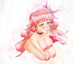 artist_request blowjob cum_on_penis cum_on_tongue fellatio female_focus flower_in_hair green_eyes handjob implied_fellatio implied_oral iriam long_hair looking_at_viewer medium_breasts naked_female noriboshi_arielle on_knees pink_choker pink_hair pink_nails tongue_out virtual_youtuber