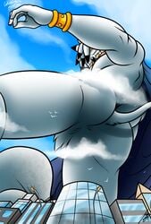 1male 5_fingers anthro ass completely_naked completely_nude completely_nude_male crotch_fluff crotch_tuft featureless_crotch fluff from_below hedgehog juacamo looking_down macro macrophilia male muscles muscular_male raised_tail solo solo_male tail_up tuft white_body white_fur yellow_pupils