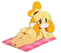 alone animal_crossing ass ass_crack big_ass big_butt bottomless butt_crack canid canine chubby completely_nude fat_ass fat_butt female female_focus female_only huge_ass huge_butt isabelle_(animal_crossing) looking_back nintendo nude solo source_request sssonic2 sunbathing thick_thighs thighs topless year_request