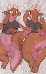 3lues 5:8 anus balls belly big_balls big_eyes big_penis black_clothing black_shirt black_topwear clothing dakimakura dragon ear_piercing ear_ring feral genitals hand_on_head hi_res horn impractical_clothing large_sheath looking_at_viewer looking_back male mythological_creature mythological_scalie mythology paws penis piercing pink_body presenting puffy_anus raised_leg raised_tail ring_piercing scalie shirt smile solo tail thick_thighs topwear wings