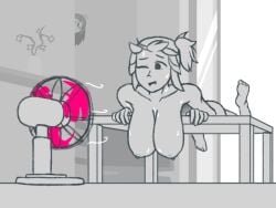 1girl alternate_hairstyle azugarosu breasts collarbone completely_nude electric_fan feet feet_up floating_hair frills greyscale huge_breasts indoors k-on! monochrome nude one_eye_closed open_mouth ponytail ribbon sketch skindentation spot_color sweat swimsuit table wind yui_hirasawa_(k-on!)