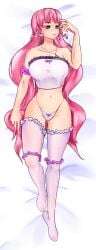 curled_hair dakimakura dakimakura_design green_eyes iriam long_hair noriboshi_arielle on_back panties pink_hair pink_ribbon pink_thong purple_armband thighhighs thong virtual_youtuber