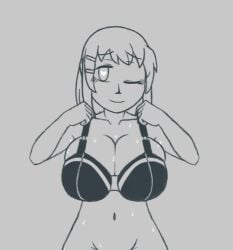 1girl azugarosu bra breasts cleavage clenched_hand closed_mouth collarbone greyscale hair_ornament hairclip heart heart-shaped_pupils huge_breasts k-on! looking_at_viewer monochrome navel one_eye_closed short_hair sketch smile solo sweat symbol-shaped_pupils underwear yui_hirasawa_(k-on!)