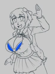 1girl azugarosu bow breasts buttons cleavage collared_shirt doki_doki_literature_club doki_doki_literature_club_school_uniform greyscale hair_bow hand_up jacket looking_at_viewer monochrome open_clothes open_jacket open_mouth ribbon sayori_(doki_doki_literature_club) school_uniform shirt short_hair sketch skirt smile solo spot_color thighs vest vest_lift waving