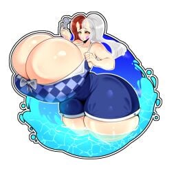 1girls asara ass breasts breasts_bigger_than_head commission cosmicpalomita female horns huge_ass huge_breasts large_ass large_breasts light-skinned_female lovedtale multicolored_hair pink_cheeks red_eyes red_hair sunglasses swimwear thick_ass thick_thighs undertail undertale undertale_au undertale_fanfiction water white_hair