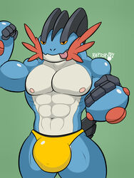 3:4 big_bulge bulge clothing digital_media_(artwork) flexing hi_res huge_bulge humanoid hyper hyper_bulge looking_at_viewer male male/male male_only mega_evolution mega_swampert muscular muscular_humanoid muscular_male nintendo nipples pokémon_(species) pokemon raptorart smile solo swampert tongue underwear video_games