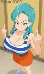 1girl 2026 ai ai_art ai_generated blue_eyes brown_belt bulma bulma_(dragon_ball) bulma_briefs bulma_briefs_(garlic_jr_saga) dragon_ball dragon_ball_z kukun_2000 long_hair looking_at_viewer middle_finger orange_skirt smug_expression smug_face smug_smile solo solo_female tank_top turquoise_hair white_sneakers white_socks