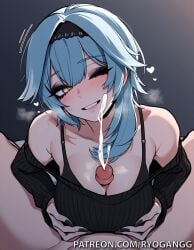 1female 1girl 1girls 2d 2d_(artwork) ai_generated amber_eyes ass_focus big_ass big_breasts black_clothing blue_hair eula_(genshin_impact) genshin_impact hair_accessory high_resolution highres hoyoverse light-skinned_female light_skin patreon patreon_username ryogangg titjob