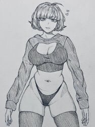 1girls aapendooors bangs big_breasts character_request cleavage crop_top floating_heart hearts short_hair shrug_(clothing) thighhighs thong tummy