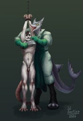 absurd_res anthro aquatic bdsm bernard_(lil_beetle) bondage bound butcher clothing duo edestus fish genitals hi_res humanoid_genitalia humanoid_penis imminent_death lil_beetle male male/male mammal murid murine muscular muscular_anthro muscular_male nude penis rat restraints rodent rope rope_bondage shark simple_background