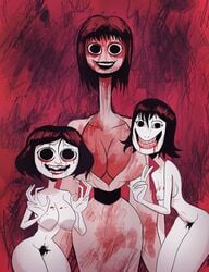 3girls ahenobarbus_henocied blood creepy creepy_smile creepypasta death_forest dollthing fine_art_parody glasgow_smile herny i_can’t_be_a_bride_anymore_(yuko_tatsushima) literature long_neck multiple_girls nightmare_fuel nightmare_waifu pale-skinned_female pale_skin pubic_hair smiling tagme tomino's_hell wide_eyed