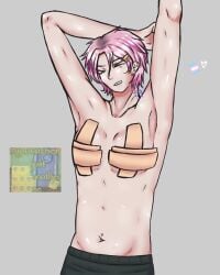 belly_button belly_button_piercing breasts ear_piercing earring earrings eyes_closed fanganronpa hair_ornament monteago_kai pink_hair project:_eden's_garden stretching taped_breasts trans_man transgender transgender_flag transgender_male transman