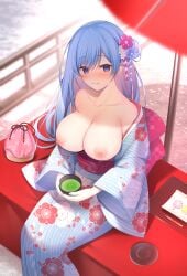 1girl 1girls bench blue_hair blush breasts breasts_out choker emori_miku emori_miku_project exposed_breasts female green_tea hair_bun hair_ornament highres japanese_clothes kimono large_breasts long_hair long_sleeves looking_at_viewer miko_(royal_milk) mochi new_year nipples on_bench open_clothes purple_eyes side_bun sitting sitting_on_bench solo tea tied_hair umbrella very_long_hair