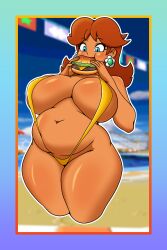 1girls belly belly_button big_breasts blue_eyes blush breasts breasts_bigger_than_head brown_hair brunette burger chubby chubby_female color_edit colored earrings eating food iggy-bomb large_breasts lurking_judgement mario_(series) nintendo princess_daisy screencap_background self_upload shiny_skin skindentation sling_bikini tan_body tan_skin tight_clothing voluptuous