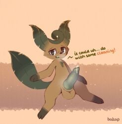 animal_genitalia animal_penis anthro anthrofied artist_name bakap balls big_penis bodily_fluids canine_genitalia canine_penis charcoal_(doublepopsicle) colored dripping eeveelution ellipsis english_text erection exclamation_point generation_4_pokemon genital_fluids genitals gloves_(marking) knot knotted_penis leaf leafeon leg_markings looking_at_viewer male male_anthro markings musky_penis nintendo open_mouth oral_request penis pokemon pokemon_(species) pokemorph precum precum_drip requesting sex_request sheath smile smiling_at_viewer socks_(marking) solo talking_to_viewer text