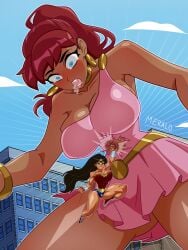 2girls dc_comics defeat defeated defeated_villainess giganta large_breasts pain painful punching punching_stomach ryona wonder_woman wonder_woman_(series)
