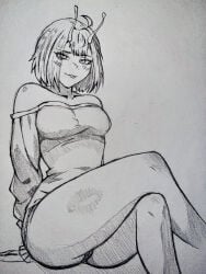 1girls aapendooors antennae antennae_(anatomy) blush blushing character_request legs_crossed short_hair sweater thick_thighs tongue tongue_out