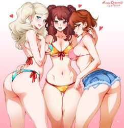 3girls :d ann_takamaki ass ass_visible_through_thighs back bare_shoulders bikini bikini_top_only blonde_hair blue_bikini blue_shorts blush breasts brown_eyes brown_hair cleavage collarbone commentary cutoffs dated denim denim_shorts earrings english_commentary exposed_pocket flipped_hair floral_print front-tie_bikini_top front-tie_top grabbing_another's_ass gradient_background groping halterneck hand_on_own_chest heart highres jewelry kujikawa_rise large_breasts long_hair looking_at_viewer micro_shorts minacream multiple_girls navel official_alternate_costume open_mouth orange_bikini persona persona_3 persona_4 persona_5 pink_bikini print_bikini red_ribbon ribbon sega short_hair short_shorts shorts side-tie_bikini_bottom sideboob signature smile stomach strap_gap stud_earrings swimsuit thigh_gap thighs trait_connection twintails white_background wide_hips yukari_takeba