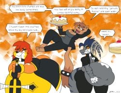 absurd_res anthro belly big_belly cake canid canine canis demon dessert dinosar dinosaur dirtymac domestic_cat domestic_dog dromaeosaurid english_text fat_belly feederism feeding felid feline felis female food force_feeding forced fur grey_body grey_skin hi_res huge_belly male mammal orange_body orange_fur pastor prehistoric_species reptile saurischian scalie stuffing text theropod