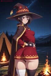 1girl ai_generated ass bandaged_leg bandages belt black_gloves black_hair black_legwear blush breasts cape dress explosion fingerless_gloves fire from_behind gloves hat hi_res high_quality high_resolution kiraamane kono_subarashii_sekai_ni_shukufuku_wo! looking_at_viewer looking_back megumin night patreon red_eyes seductive sexy short_hair single_thighhigh sky smile solo staff star_(sky) starry_sky thighhighs uncensored watermark witch_hat