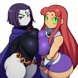 2girls alien_girl breast_squish breasts dc_comics forehead_jewel green_eyes koriand'r purple_hair rachel_roth raven_(dc) red_hair starfire teen_titans thebenravenagenda thighs