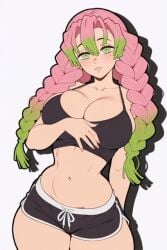 1girls 2d 2d_(artwork) abs ai_generated big_breasts blush booty_shorts braid braided_hair breasts cleavage curvy curvy_female demon_slayer eyelashes female female_only green_eyes green_hair highlights_(coloring) huge_breasts kanroji_mitsuri kimetsu_no_yaiba light-skinned_female long_hair looking_at_viewer mitsuri_kanroji mommy nail_polish pink_hair pink_nails seductive seductive_look slim_waist solo tank_top tits twintails waifuinvoker wide_hips