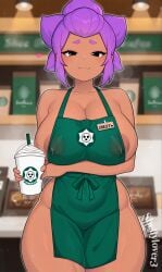 1girls ai_generated apron big_breasts brawl_stars breasts_visible_through_clothing coffee completely_nude erect_nipples hand_under_breasts lactation large_breasts milf milk milking nipples nipples_visible_through_clothing puffy_nipples shelly_(brawl_stars) starbucks taller_female thick_thighs