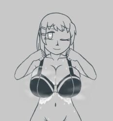 1girl azugarosu bra breasts cleavage clenched_hands closed_mouth cum greyscale hair_ornament hairclip heart heart-shaped_pupils huge_breasts k-on! looking_at_viewer monochrome navel one_eye_closed short_hair sketch smile solo steam sweat symbol-shaped_pupils underwear yui_hirasawa_(k-on!)