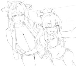 2girls akiaji_margo beauty_mark bikini bone_hair_ornament cavewoman cow_ears cow_print cow_print_bikini cowbell fang_guu flat_chest indie_virtual_youtuber joshikopro large_breasts milk milk_bottle monochrome one_eye_closed side-tie_bikini small_breasts thernz thick_eyebrows virtual_youtuber vtuber wink