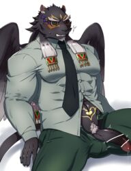 aaassstaro anthro becoming_erect black_body black_fur blush clothing embarrassed felid fur genitals male male_only mammal necktie pantherine penis pubes pubic_tattoo solo solo_male suit tattoo tezcatlipoca tokyo_afterschool_summoners video_games wings