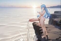 1futa ai ai_generated blue_hair cliff cum_flood cum_ocean elf_ears excessive_cum futanari hololive huge_balls huge_cock naked nude ocean yukihana_lamy