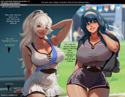 2girls aramyx big_breasts big_tits byleth_(fire_emblem) byleth_(fire_emblem)_(female) cheerleader cheerleader_uniform child_bearing_hips cleavage corrin_(fire_emblem) corrin_(fire_emblem)_(female) dialogue dolphin_shorts fire_emblem fire_emblem:_three_houses fire_emblem_fates fire_emblem_heroes hair_ornament hair_ribbon headband huge_breasts huge_tits official_alternate_costume official_alternate_hairstyle plaid_skirt platinum_blonde_hair ponytail shirt_tied_up skintight skintight_clothing skirt smile smirk talking_to_viewer thick_thighs tied_shirt tight_shirt toned_body toned_female two_girls wide_hips wink
