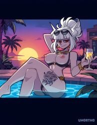 1girls ai_generated bikini_top_pulled_down bracelet breasts champagne_glass chest_tattoo female helltaker hi_res horns leg_tattoo lucifer_(helltaker) necklace nipples panties_pulled_aside pool pulled_down_top pussy red_eyes sunglasses sunset tagme un0rth0 white_hair