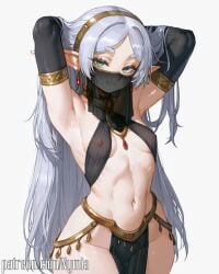 1girl ai_generated armpits black_outfit elf_ears frieren frieren_(sousou_no_frieren) frieren_beyond_journey's_end gloves green_eyes large_breasts long_hair nymia shiny_skin silver_hair small_breasts solo thick_thighs veil wide_hips