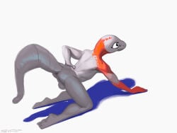 2025 4:3 7b7a2f absurd_res all_fours anthro artist_name backsack balls biped digital_media_(artwork) digital_painting_(artwork) feet genitals hi_res humanoid_feet humanoid_hands male male_anthro multicolored_body nude nude_anthro nude_male orange_body painting_(artwork) perineum plantigrade scalie simple_background solo tail text two_tone_body white_background white_body